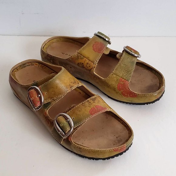 Boho ARAVON Slides Genuine Leather Mustard Floral sandal Slip-on Sandal Flats - Picture 15 of 16